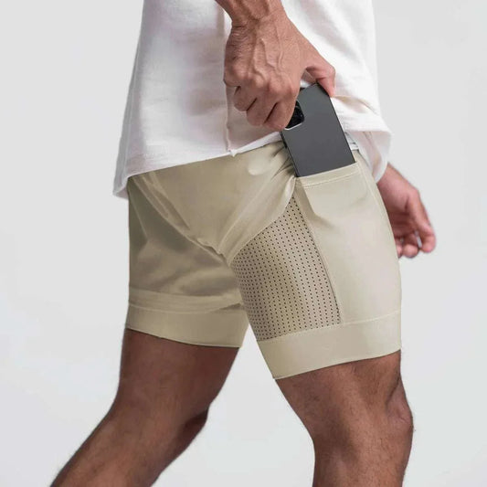 Men 2 in 1 Fitness Gym Shorts With Towel Loop Breathable Shorts