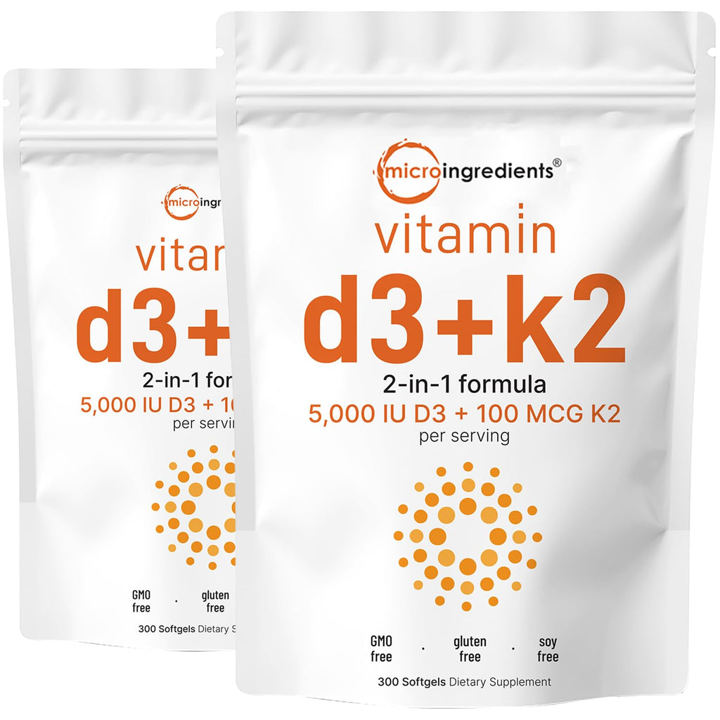 Micro Ingredients Vitamin D3 5,000 IU + K2 MK-7 100 mcg | 2 Pack (600 Softgels) | Sunflower Oil | Non-GMO | Gluten-Free