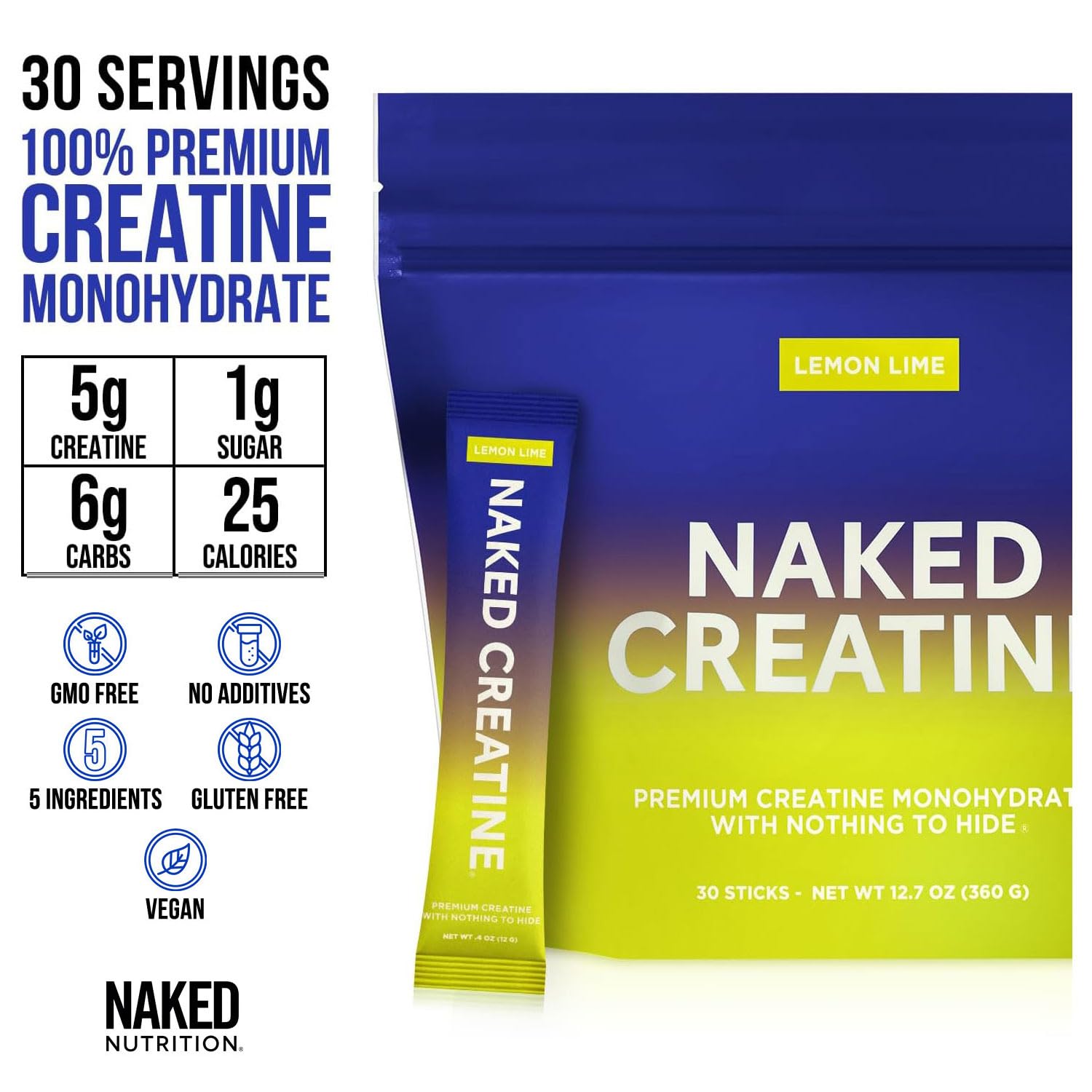 NAKED Pure Lemon Lime Creatine Monohydrate Stick Packs — 30 Pack | Vegan, Non-GMO, Gluten Free