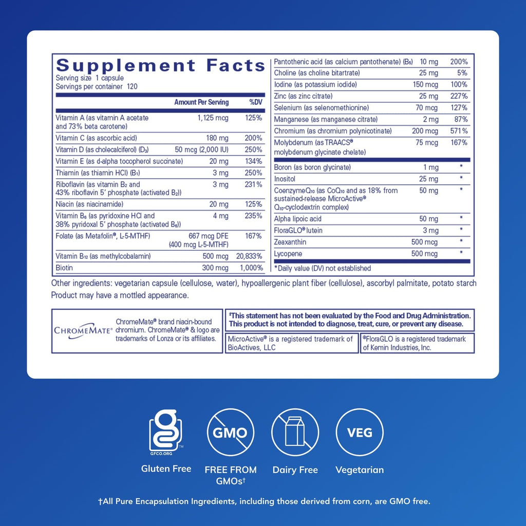 Pure Encapsulations O.N.E. Multivitamin – Once Daily Multivitamin with Metafolin, CoQ10, and Lutein | 120 Capsules