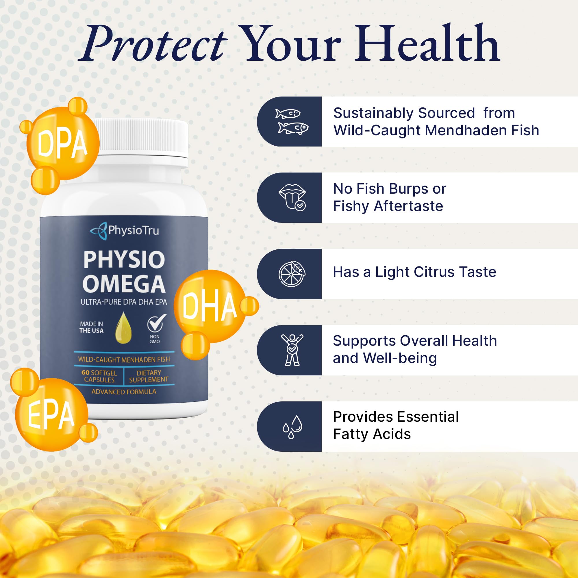 PhysioTru Omega 2400mg Fish Oil — EPA DHA DPA, Burpless, Light Citrus Flavor, Sustainably Sourced, 60 Softgels
