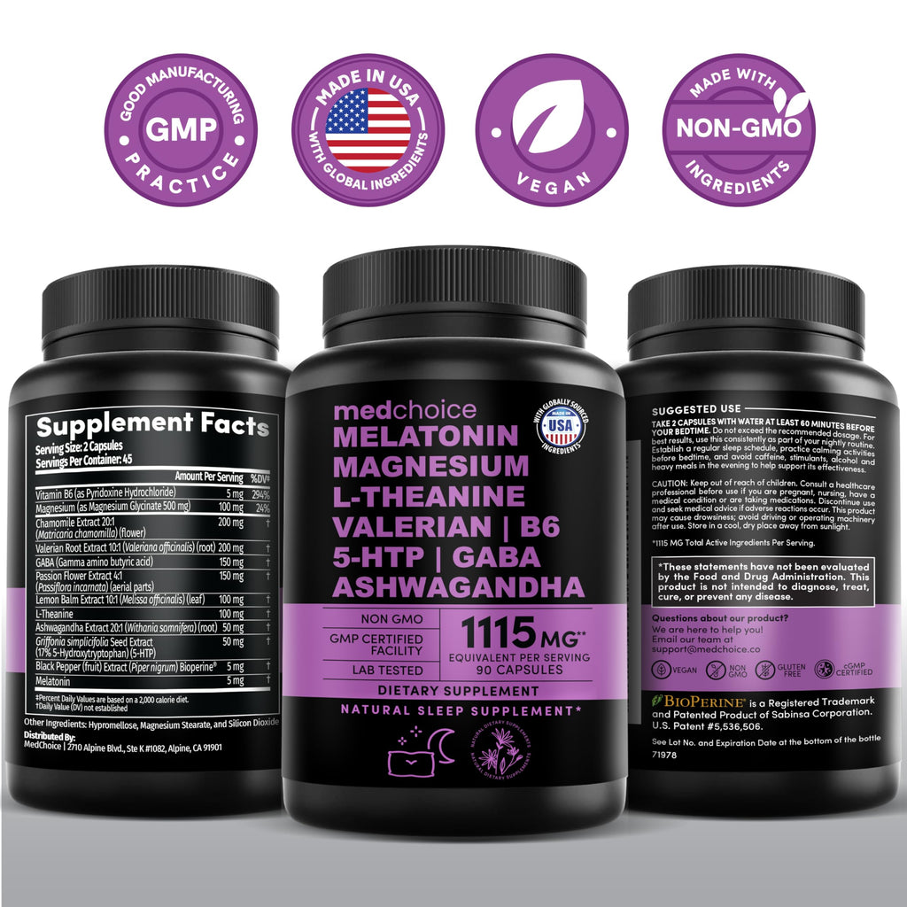 MEDCHOICE 12-in-1 Melatonin Sleep Capsules – Melatonin 5 mg + Magnesium Glycinate 500 mg (90 ct, Pack of 2)