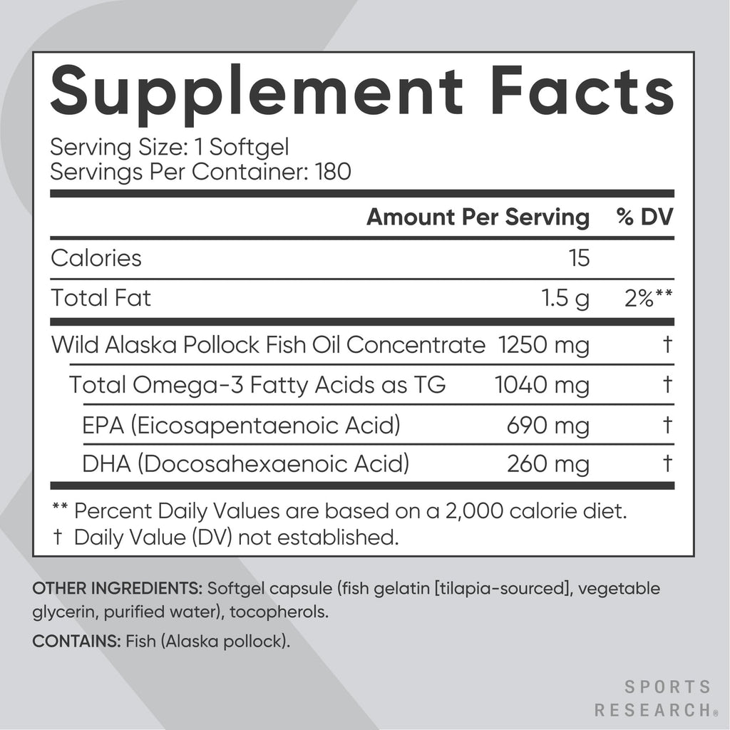 Sports Research Omega-3 Fish Oil 1250 - Triple Strength, MSC Certified, 180 Softgels