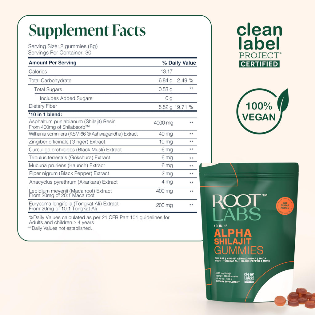 ROOT LABS 10-in-1 Alpha Shilajit Gummies – 4000 mg, Sugar-Free Vegan, 120 Pack
