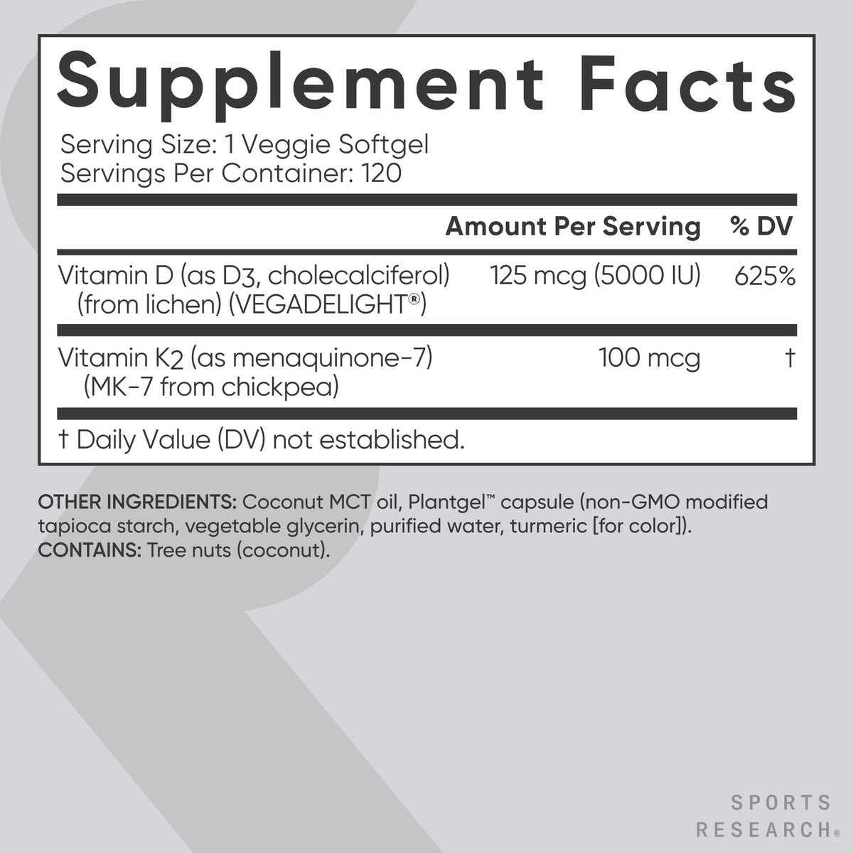 Sports Research Vitamin D3 + K2 with Coconut Oil – Vegan, 5000 IU D3, 100 mcg MK-7, 120 Softgels