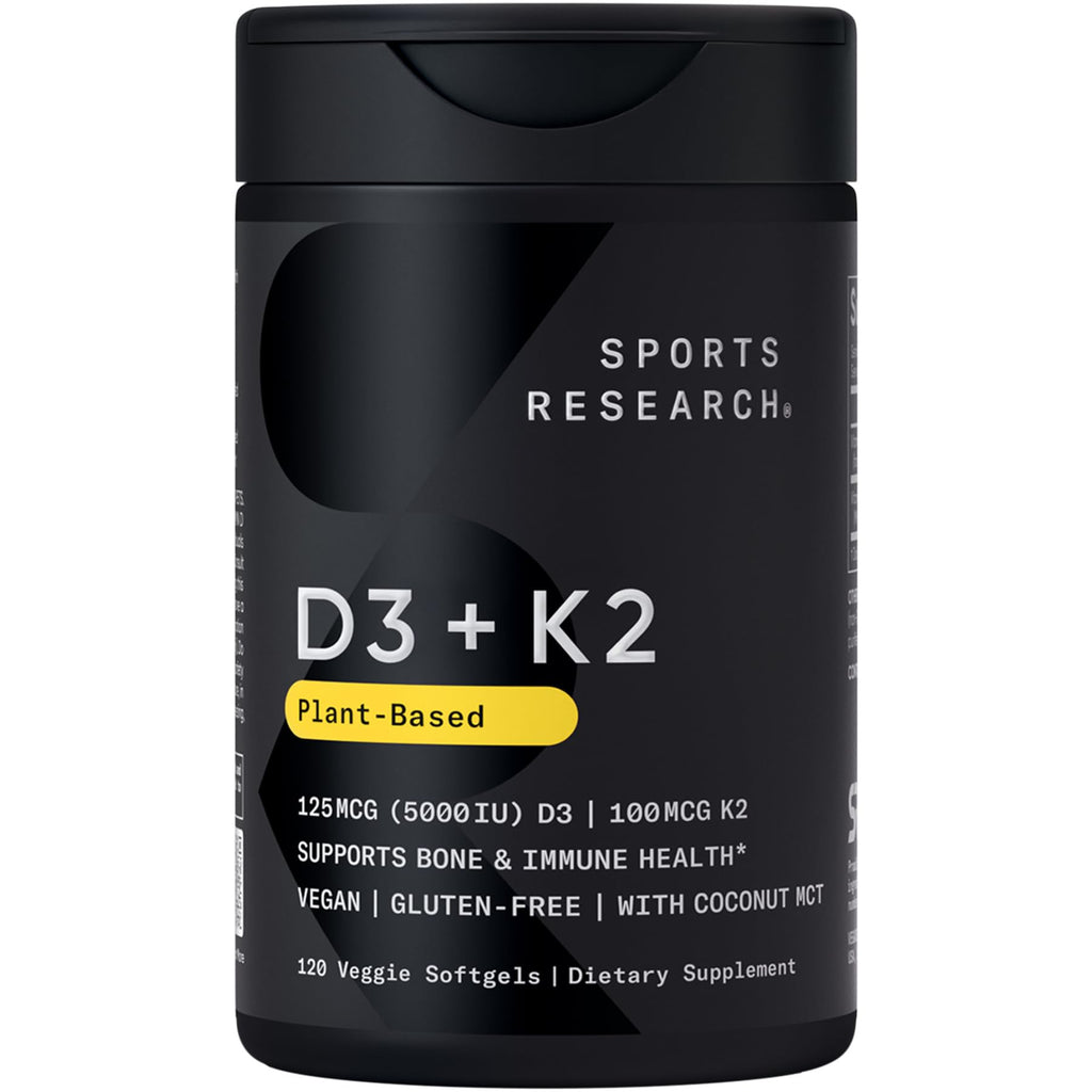 Sports Research Vitamin D3 + K2 with Coconut Oil – Vegan, 5000 IU D3, 100 mcg MK-7, 120 Softgels