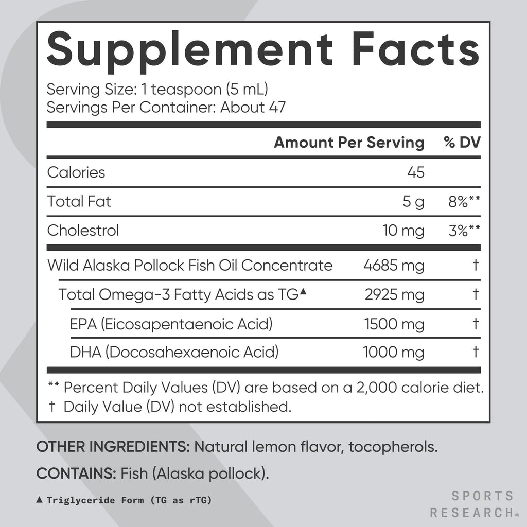 Sports Research Omega-3 Fish Oil, 8oz Glass Bottle – Lemon Flavor, Wild-Caught Alaska Pollock