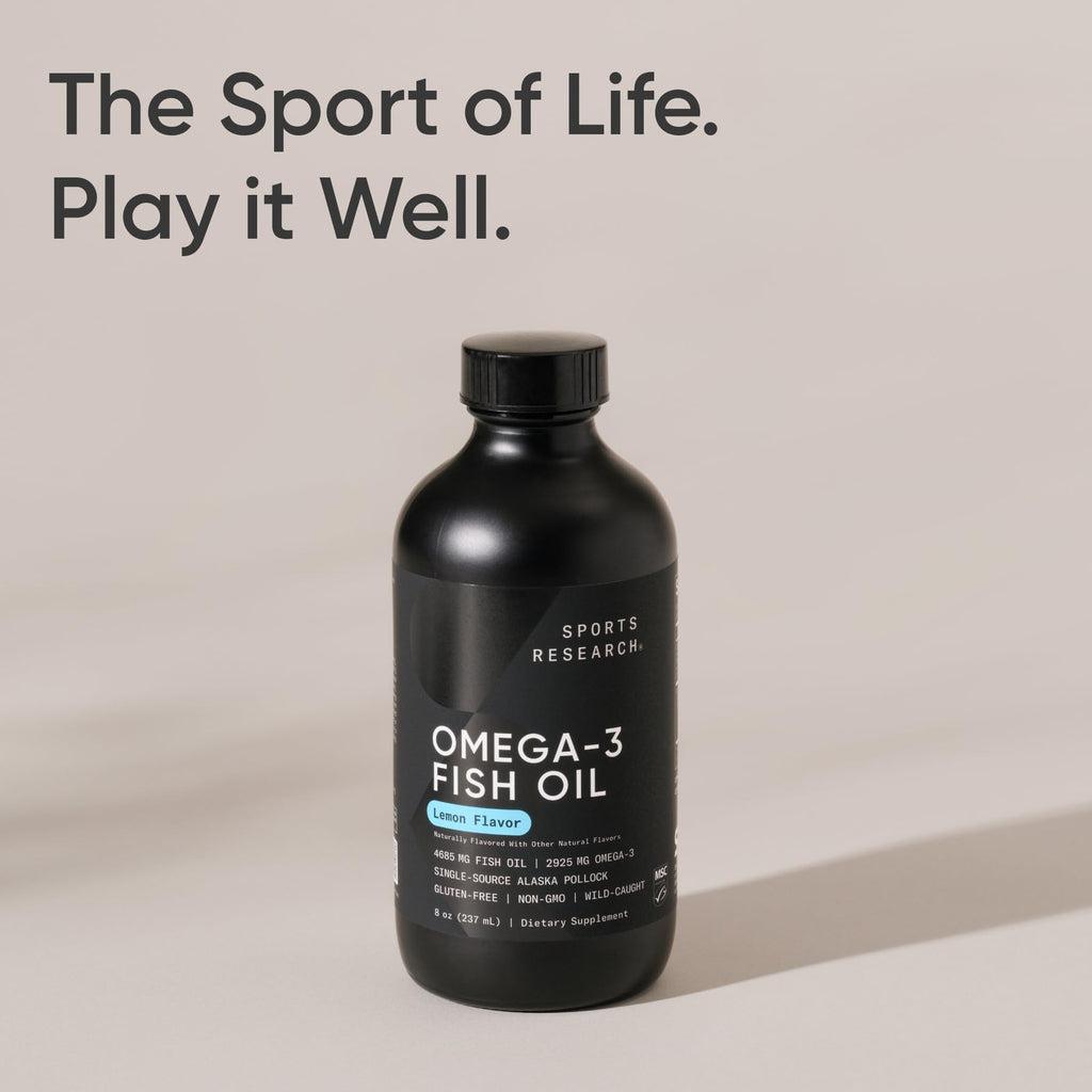 Sports Research Omega-3 Fish Oil, 8oz Glass Bottle – Lemon Flavor, Wild-Caught Alaska Pollock