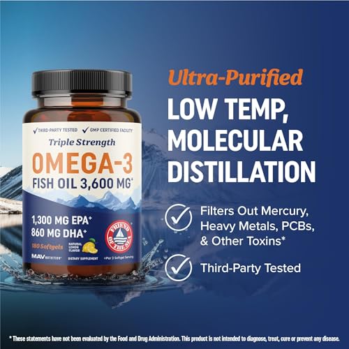 Triple Strength Omega-3 Fish Oil 3600 mg | EPA & DHA | 180 Ct | Burpless