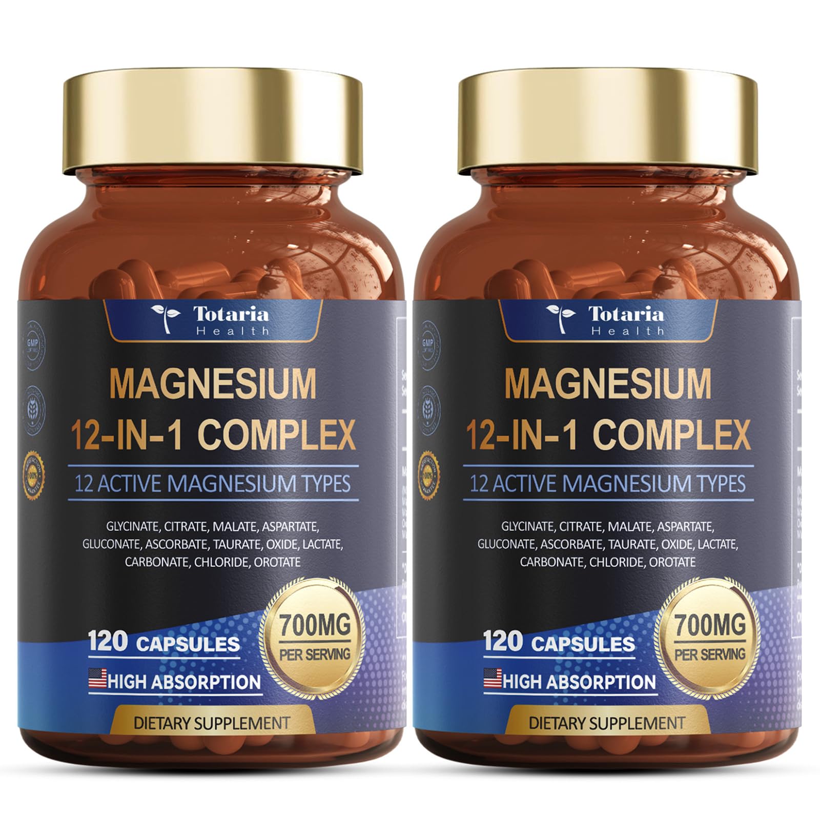 Totaria Magnesium Complex 700mg — 12 Chelates, Vegan 2-Pack (120 capsules)