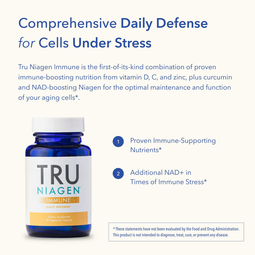 TRU NIAGEN Immune Support - NAD+ Boost, Vitamin C from Fermentation, Vitamin D3 2000 IU, Zinc, Theracurmin | 30ct