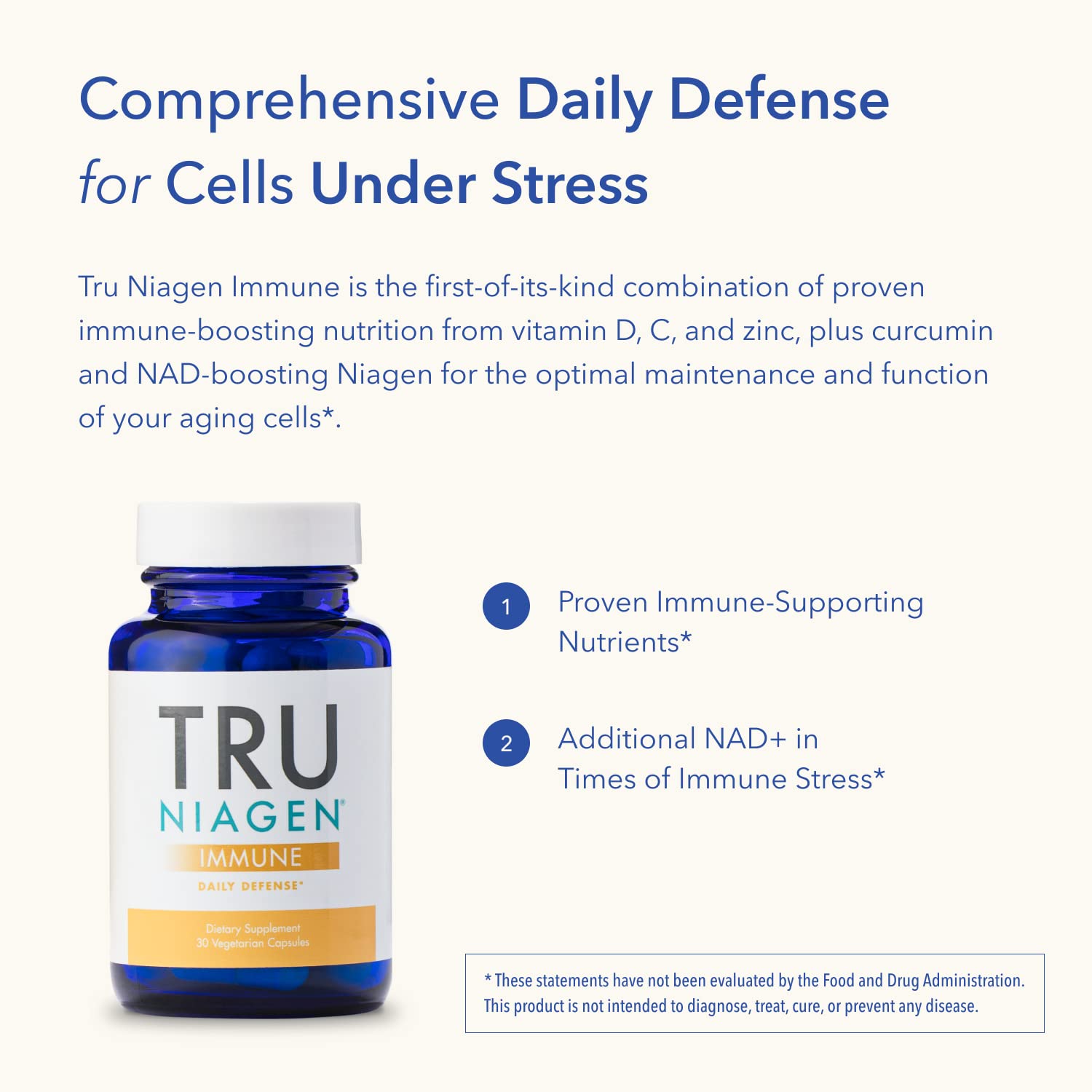 TRU NIAGEN Immune Support - NAD+ Boost, Vitamin C from Fermentation, Vitamin D3 2000 IU, Zinc, Theracurmin | 30ct