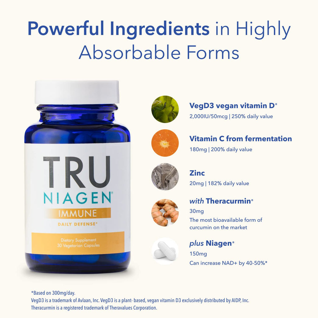 TRU NIAGEN Immune Support - NAD+ Boost, Vitamin C from Fermentation, Vitamin D3 2000 IU, Zinc, Theracurmin | 30ct