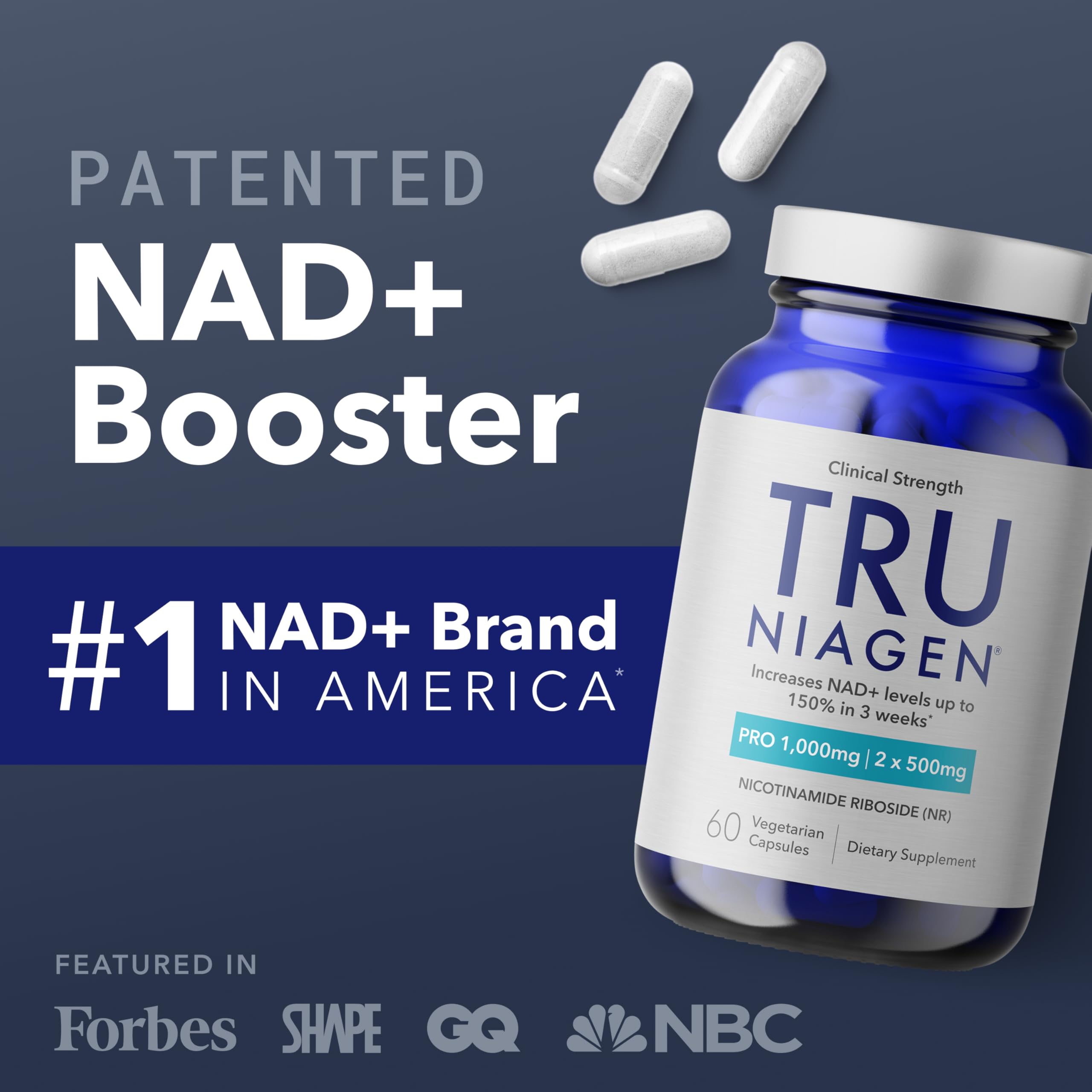 TRU NIAGEN PRO NAD+ Supplement – Anti-Aging, Cellular Energy, 2x500mg Niagen (NR), 30 Servings