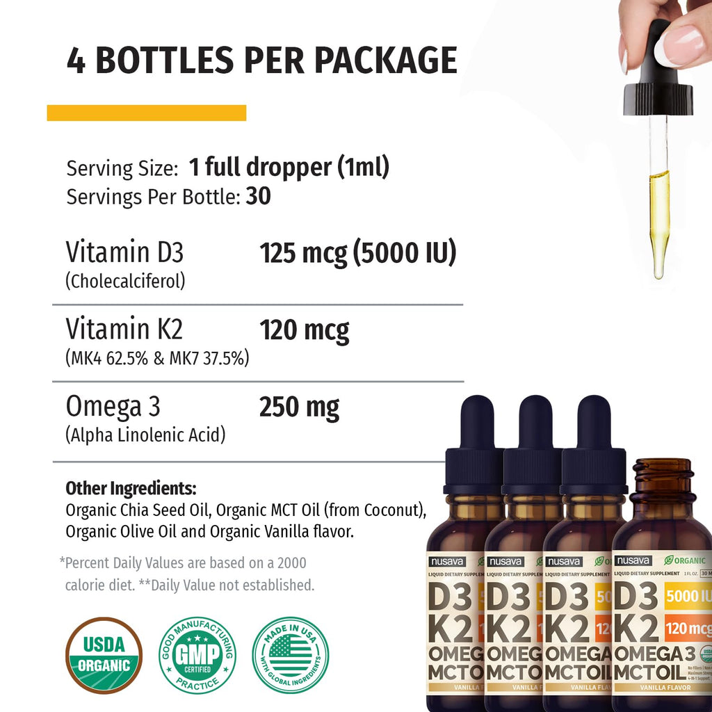 NUSAVA 4 Pack Organic Vitamin D3 K2 Drops with MCT Oil – 5000 IU, Vanilla