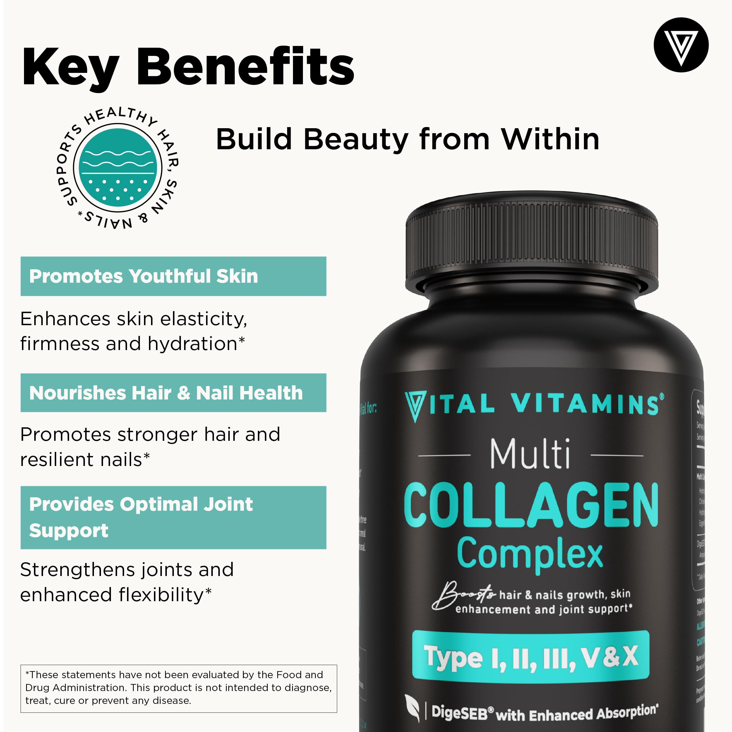 Vital Vitamins Multi Collagen Pills for Women & Men (2-Pack) - Hydrolyzed Collagen Peptides - Type I, II, III, V, X - Grass Fed, Non-GMO