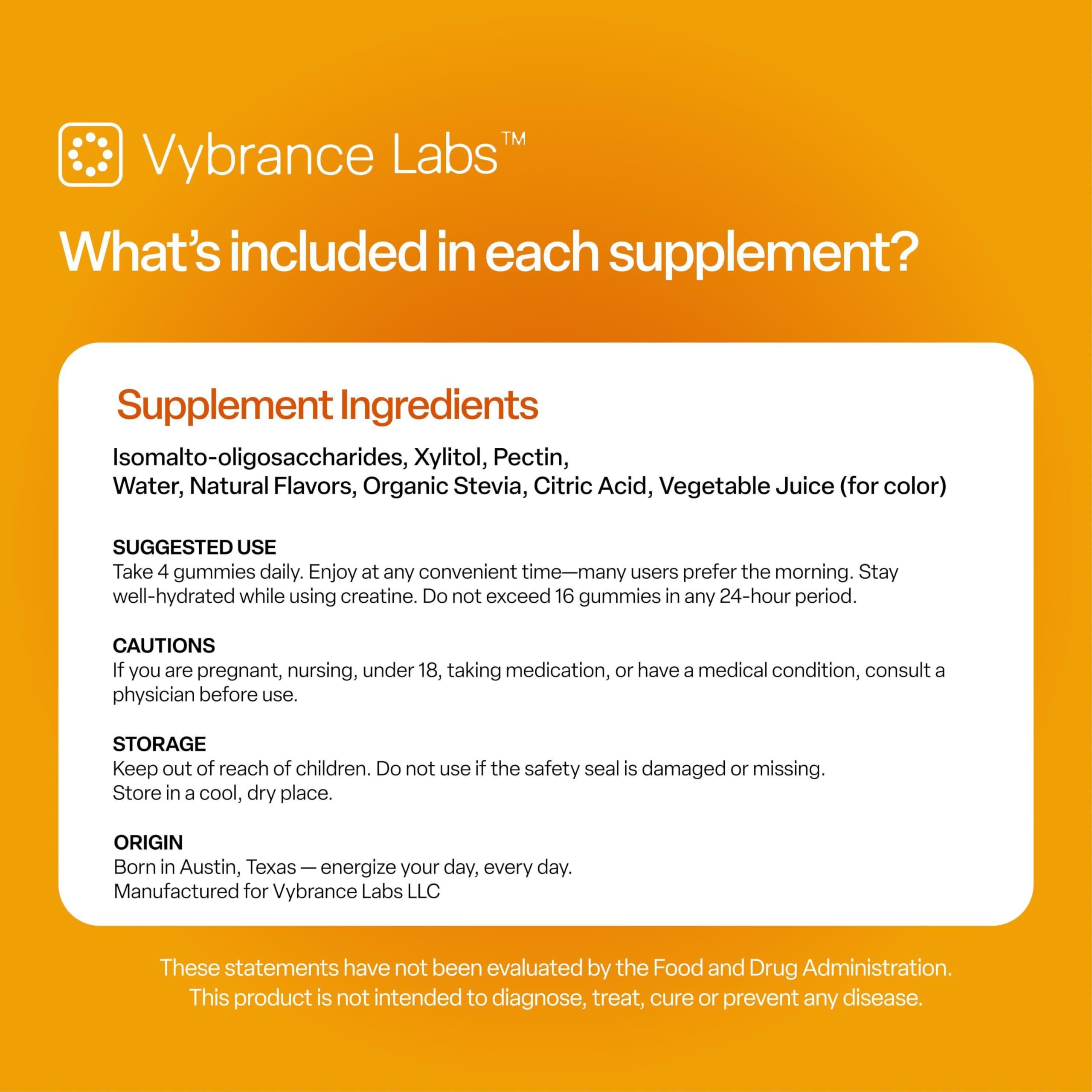 VYBRANCE LABS Creapure Creatine Gummies 5g + Taurine & B12 – Sugar-Free, Vegan, Gluten-Free – Citrus Mango (120 Count)