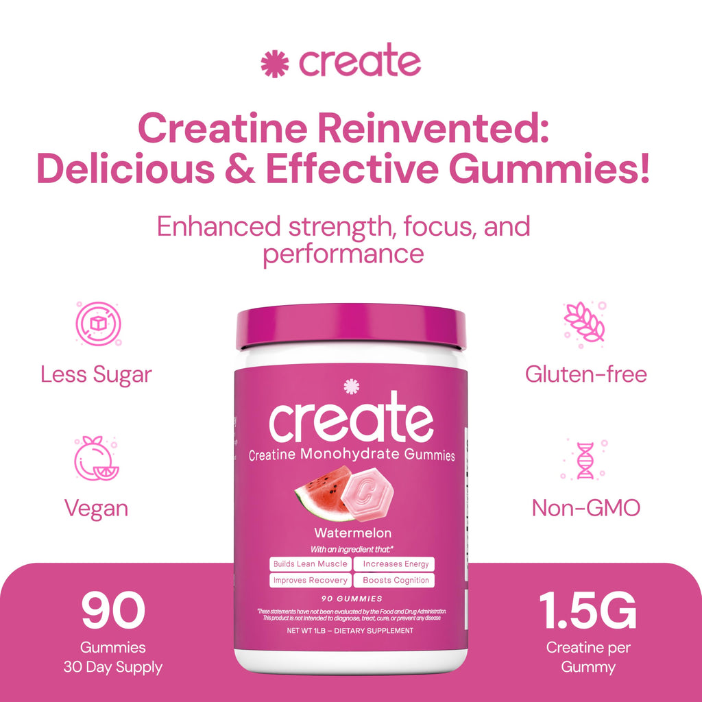 Create Creatine Monohydrate Gummies – 1.5g per Gummy, Vegan, Anti-Melt, Orange Flavor